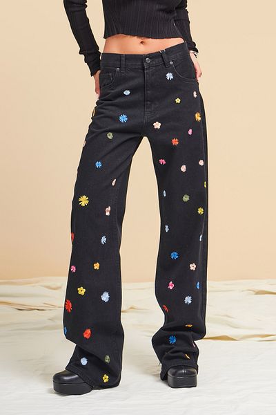 its basic Černý květinový vyšívaný dámský denim - volný střih