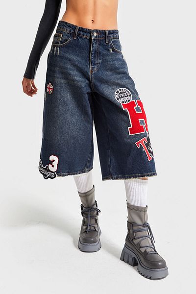 its basic Jeans Color Embroidered Maxi Denim Shorts - Women