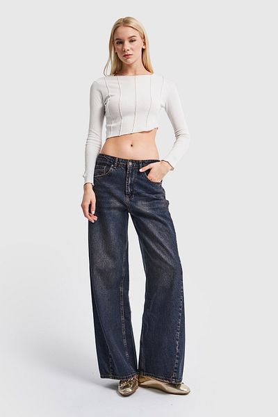 its basic Blugi de damă, culoare nuanță, talie joasă, pantaloni din denim cu picioare super late
