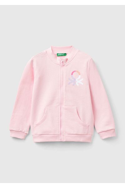 Benetton Girl's Mix Front Logo Printed Regular Cut Zippered Pocket Sweatshirt