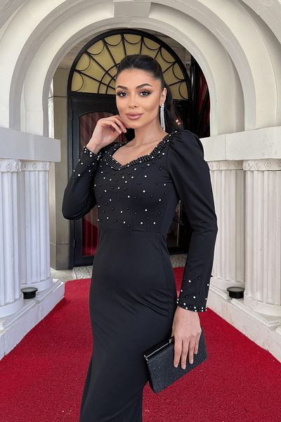 giyimmasalı Crepe Fabric Pearl Detailed Pencil Evening Dress - BLACK