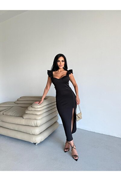 sajarsln Saja Rsln Micro Digital Printing Lycra Φόρεμα με βολάν μανίκια μαύρο χρώμα