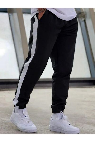 Relax family xf Μαύρο Oversize Jogger Sweatpants - Λευκή ρίγα, ελαστικό πόδι, βαμβακερό