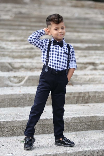 By Terry Plaid Pattern Gabardine Trousers with Suspenders Children's Suit-Dark Blue