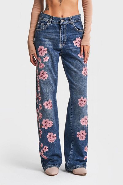 its basic Ροζ φλοράλ κεντημένο γυναικείο τζιν - Loose Fit σχέδιο, χρώμα τζιν