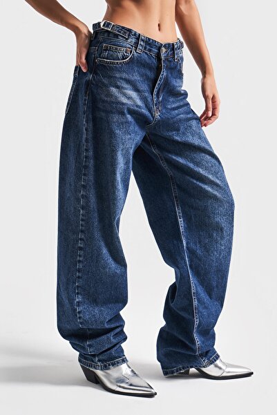 its basic Blugi de damă de culoare albastră cu centură reglabilă în talie Lotus, super lungi, largi