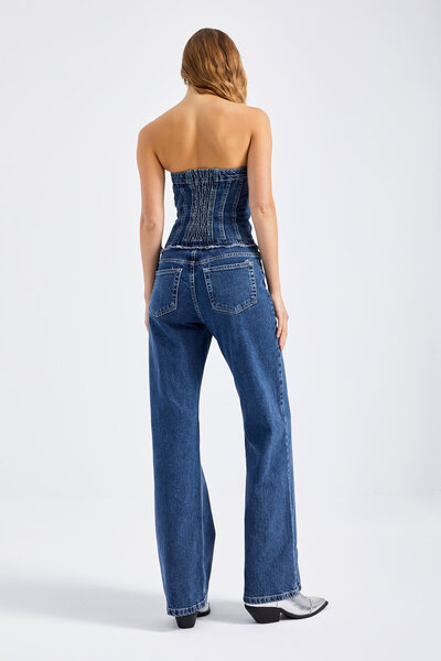 its basic Women's Blue Color Wide Leg Fit Front Buttoned Strapless Denim Jumpsuit