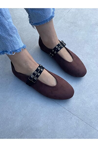 Elvinin Tarzı Keja Acı Kahve Süet Kemer Detaylı Babet