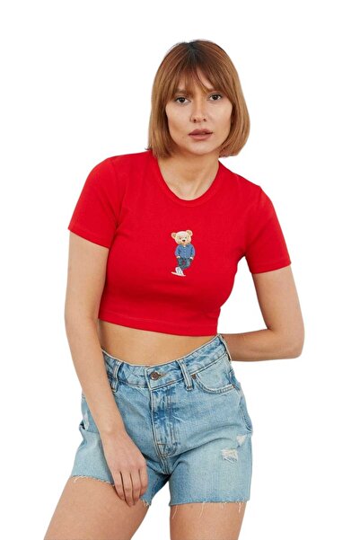 just take Women's Teddy Bear Printed Oversize Crop Top Casual Elegance and Comfort