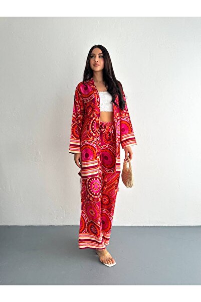 By Kuzey Aras طقم بنطلون كيمونو منسوج منقوش للسيدات