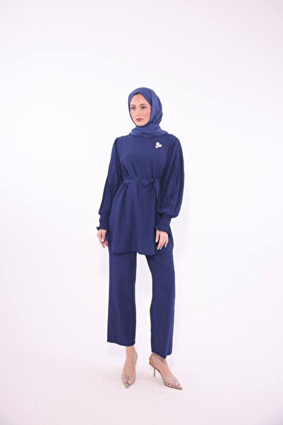 By Kuzey Aras Γυναικεία Σετ Μπλούζα Παντελόνι με Κασκόλ με Λεπτομέρεια Κασκόλ με Ζώνη