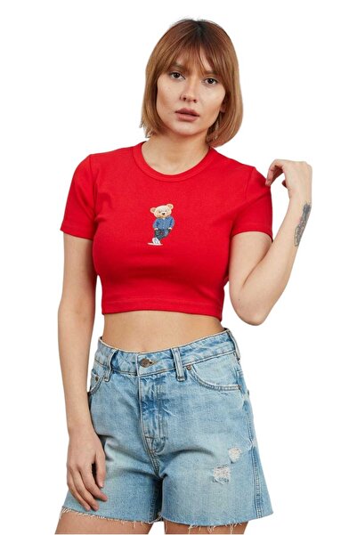 just take Women's Teddy Bear Printed Oversize Crop Top Casual Elegance and Comfort