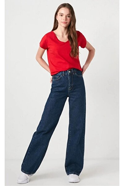 kotmodası Navy Blue Loose Jean Palazzo 90's Style Women's Trousers