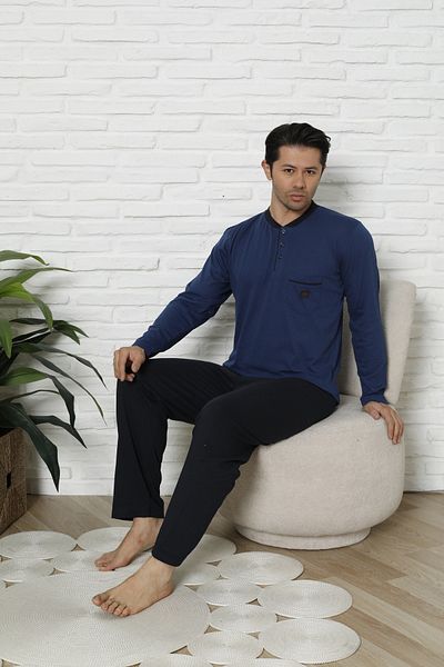 MODAREYA Men's Long Sleeve Buttoned Collar Indigo Pajama Set with Chest Pocket