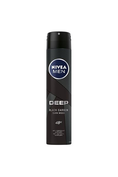 NIVEA مزيل عرق بخاخ للرجال برائحة الكربون الأسود العميق 200 مل، حماية طويلة الأمد من الروائح الكريهة