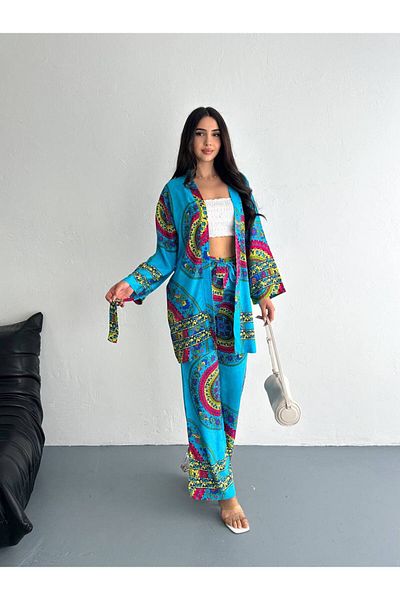 BYKUZEYARAS Women's Patterned Woven Kimono Pants Set