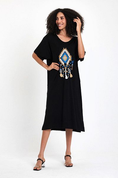 Markano Boat Neck Embroidered Black Midi Dress - Short Sleeve and Pocket