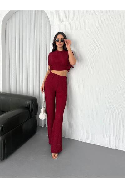 By Kuzey Aras Women's Seersucker Fabric Crop Stylish Casual Set with Shirring Detail on the Sides