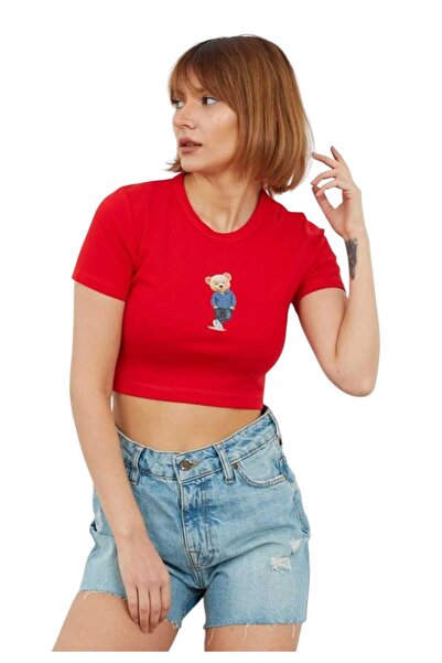 just take Women's Teddy Bear Printed Oversize Crop Top Casual Elegance and Comfort