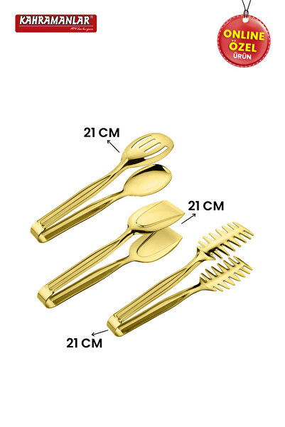 Kahramanlar Demre 3-Piece Gold Steel Grilled Salad Crepe Tongs Set