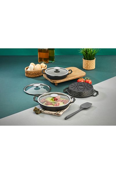 Cosiness Granite Cast Iron Pan Set - Can Enter the Oven - 3 Pieces 18+20+22 Cm.