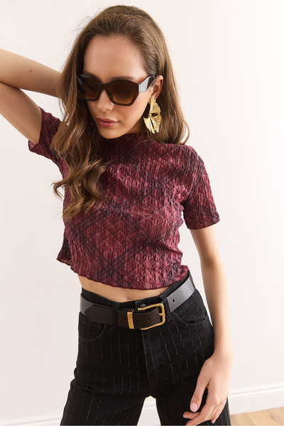 Olalook Women's Burgundy Digital Printed Crop Wrap Blouse Blz-19002936