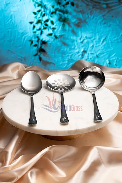 Multiamo Steel Serving Set 26 Cm, 3 Grains Ladle, Spoon and Colander