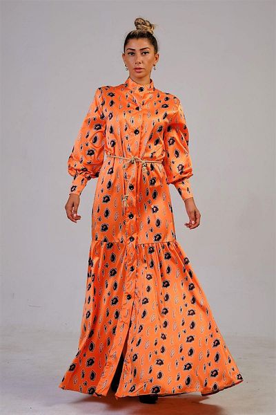 Markano Orange Magnifying Collar Print Skirts Flounced Satin Long Dress