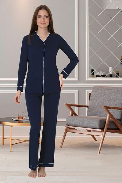 Lohussa Women's Navy Blue Special Design Front Buttoned Cotton Maternity Pajama Set