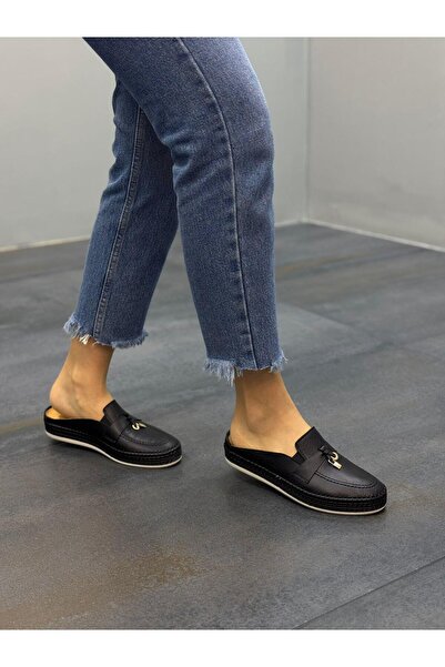 DİVA Μαύρο Δερμάτινο Ορθοπεδικός πάτος Γυναικείο Casual Παντόφλες