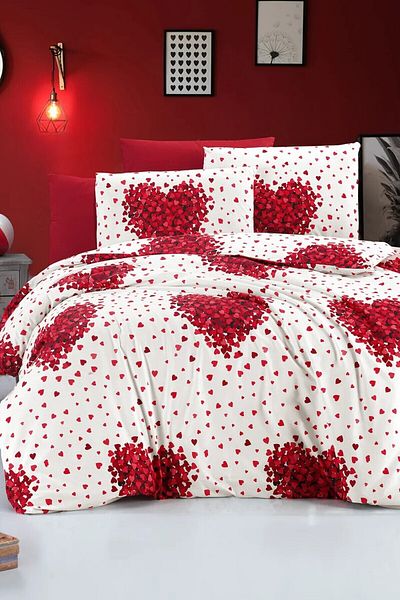 GARDEN ROOM Double Elastic Duvet Cover Set, Heart Cotton and Red Heart