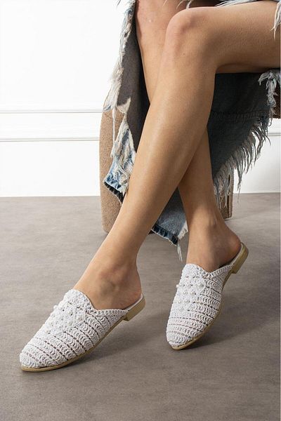 İpek Silk Women's Straw Rope Beaded Daily Home Beach Front Indoor Slippers