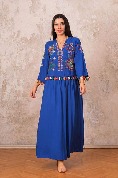 Markano Saks Blue V-neck Front and Sleeves Authentic Embroidered Tassel Long Dress