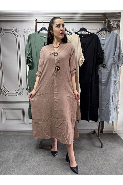 AGORATEKSTİL Women's 100% Linen Fakir Sleeve Wooden Button Dress