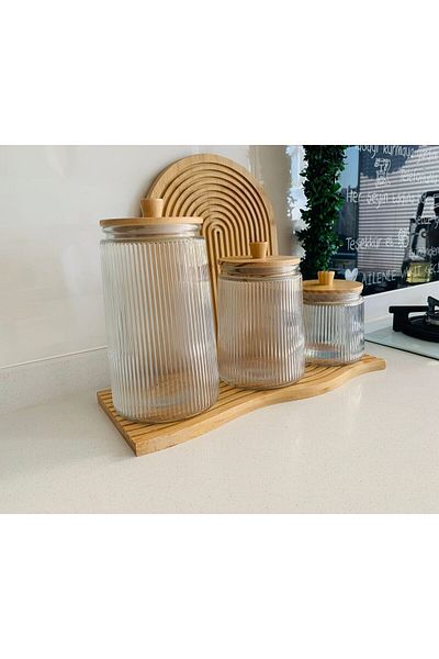 morponi 3-Piece Striped Bamboo Lid Vacuum Jar Set - 800/1300/1800 ML