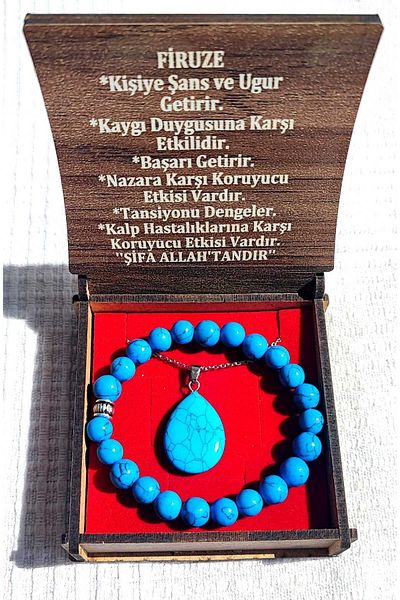 BaharEli Natural Turquoise Stone, Pendant and Bracelet Set in Drop Form in Special Box