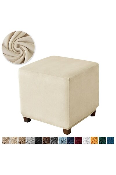 Choice غطاء مقعد عثماني مربع مخملي بلون بيج، غطاء مسند قدم مرن ناعم لغرفة الم...