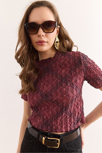 Olalook Bluză de damă burgundă cu imprimeu digital Crop Twist Blz-19002936