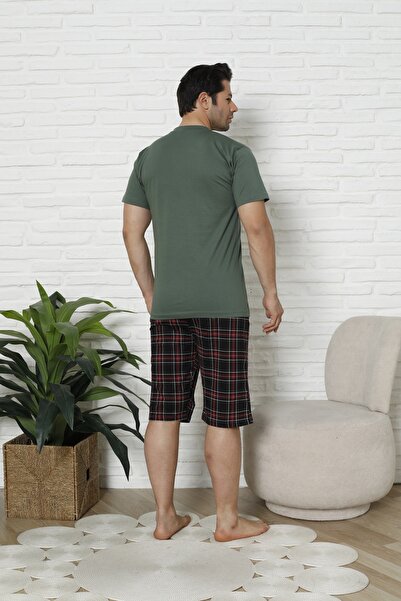 KAPİTEX Ανδρικό κοντομάνικο καπρί γιακά με κουμπιά, πράσινο χρώμα σετ πιτζάμες