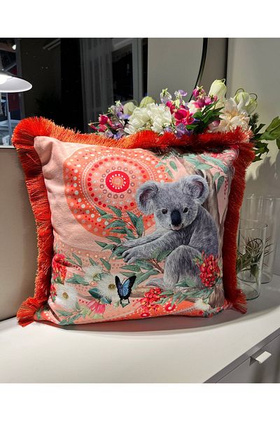DECO Koala and Forest Patterned Digital Printed Velvet Throw Pillow - Fringed Cover