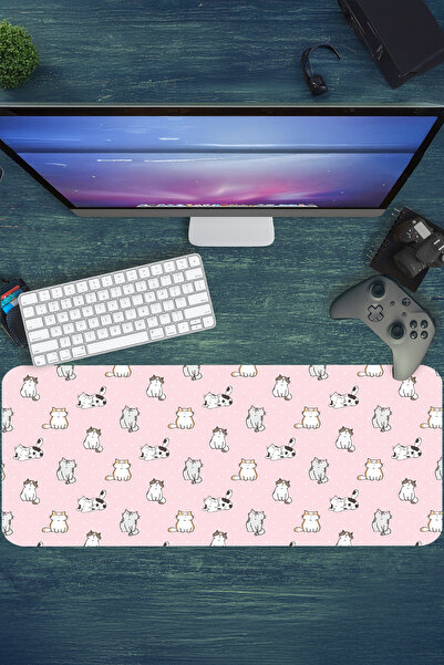 urzuva Kedi Desenli Gaming Oyuncu Xl Mouse Pad Dikişli Mousepad 80x30 Cm Pembe
