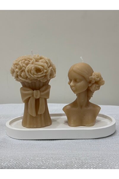 magnocandles Anneler günü 3 li kadın büst çiçek buketi mum tabak set takım