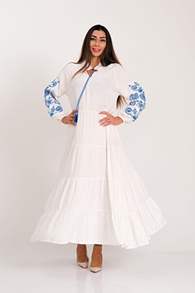 Markano White Crew Neck Tassel Lace-up Sleeves Embroidered Skirt Layered Long...