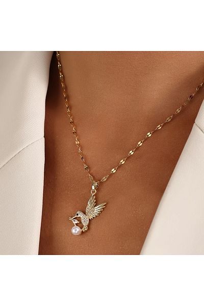 Ayzen Zircon Embroidered and Pearl Detailed Bird Necklace