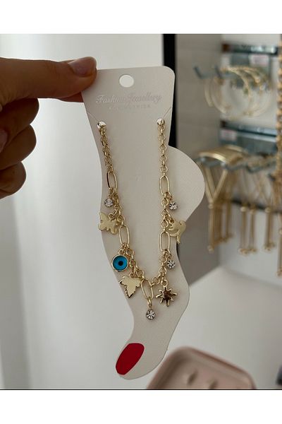 AychaAksesuar Steel Evil Eye Beaded Vip Series Stone Star Leaf Object Anklet