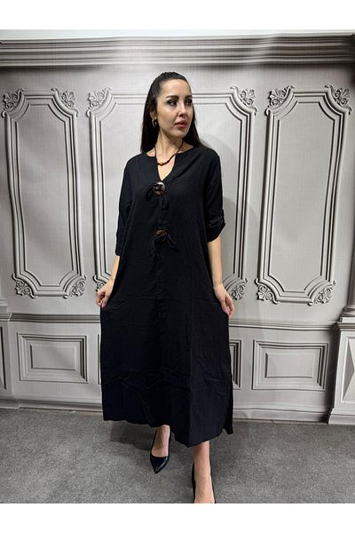 AGORATEKSTİL Women's 100% Linen Fakir Sleeve Wooden Button Dress