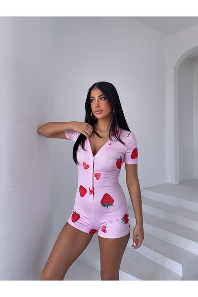 Zula Moda Patterned Short Sleeve Shorts Pajama Set / Suit Jumpsuit Buttoned