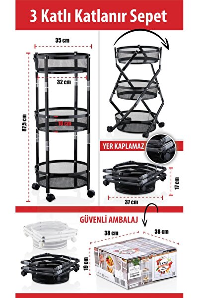 elif aksesuar 3 Katlı Pratik Katlanır Metal Siyah Renk Tekerlekli Çok Amaçlı ...