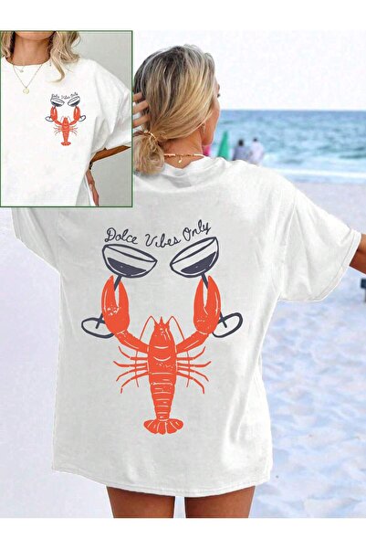 EVIus Tricou oversize Dolce Vibes Only imprimat cu decolteu