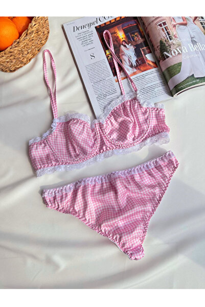 GUTTA Gingham Silky Satin and Lace Detailed Underwire Lingerie Set